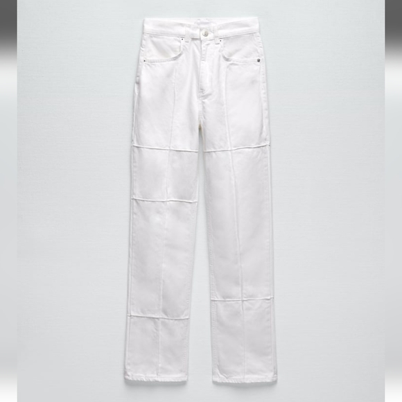 NWT Zara Patchwork Straight Leg White Jeans, Size 0 - Picture 8 of 10